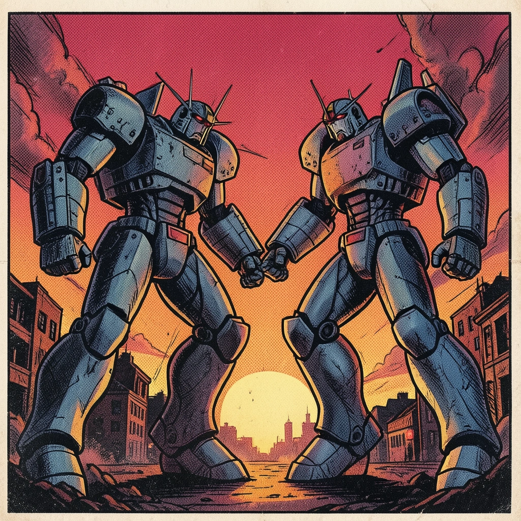 Illustration de deux robots géants face à face au coucher du soleil