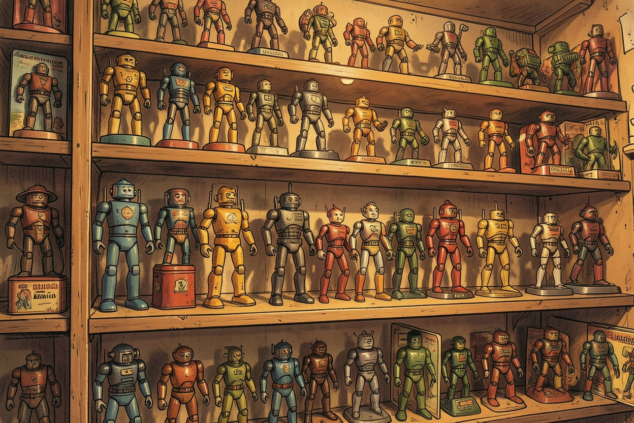 Étagère de jouets robots vintage